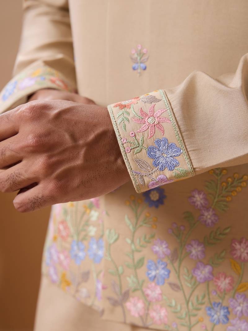 Beige viscose silk thread with sequins embroidered work wedding festival party wear straight kurta with jacket