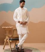 White viscose silk thread with sequins embroidered work wedding festival party wear straight kurta with jacket