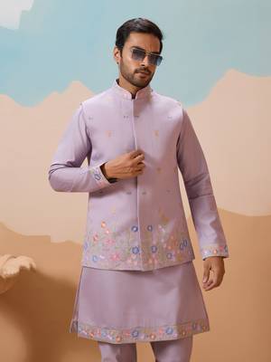 LAVENDER VISCOSE SILK THREAD WITH SEQUINS EMBROIDERED WORK WEDDING FESTIVAL PARTY WEAR STRAIGHT KURTA WITH JACKET 3
