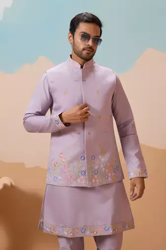 LAVENDER VISCOSE SILK THREAD WITH SEQUINS EMBROIDERED WORK WEDDING FESTIVAL PARTY WEAR STRAIGHT KURTA WITH JACKET