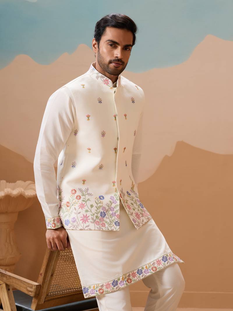 White viscose silk thread with sequins embroidered work wedding festival party wear straight kurta with jacket