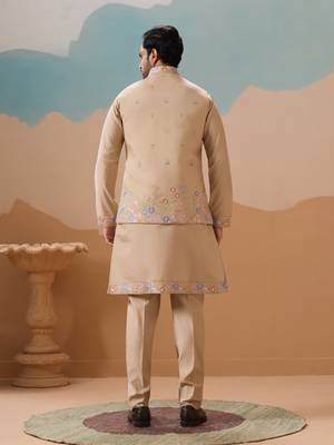 BEIGE VISCOSE SILK THREAD WITH SEQUINS EMBROIDERED WORK WEDDING FESTIVAL PARTY WEAR STRAIGHT KURTA WITH JACKET 6