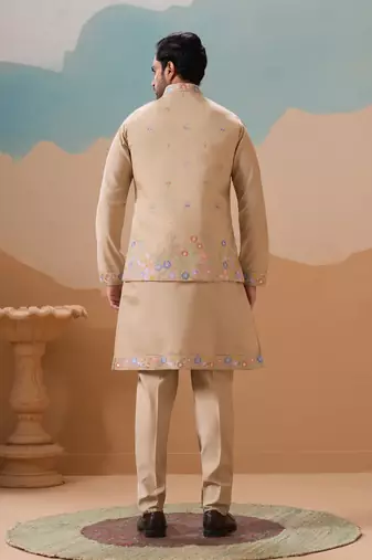 BEIGE VISCOSE SILK THREAD WITH SEQUINS EMBROIDERED WORK WEDDING FESTIVAL PARTY WEAR STRAIGHT KURTA WITH JACKET