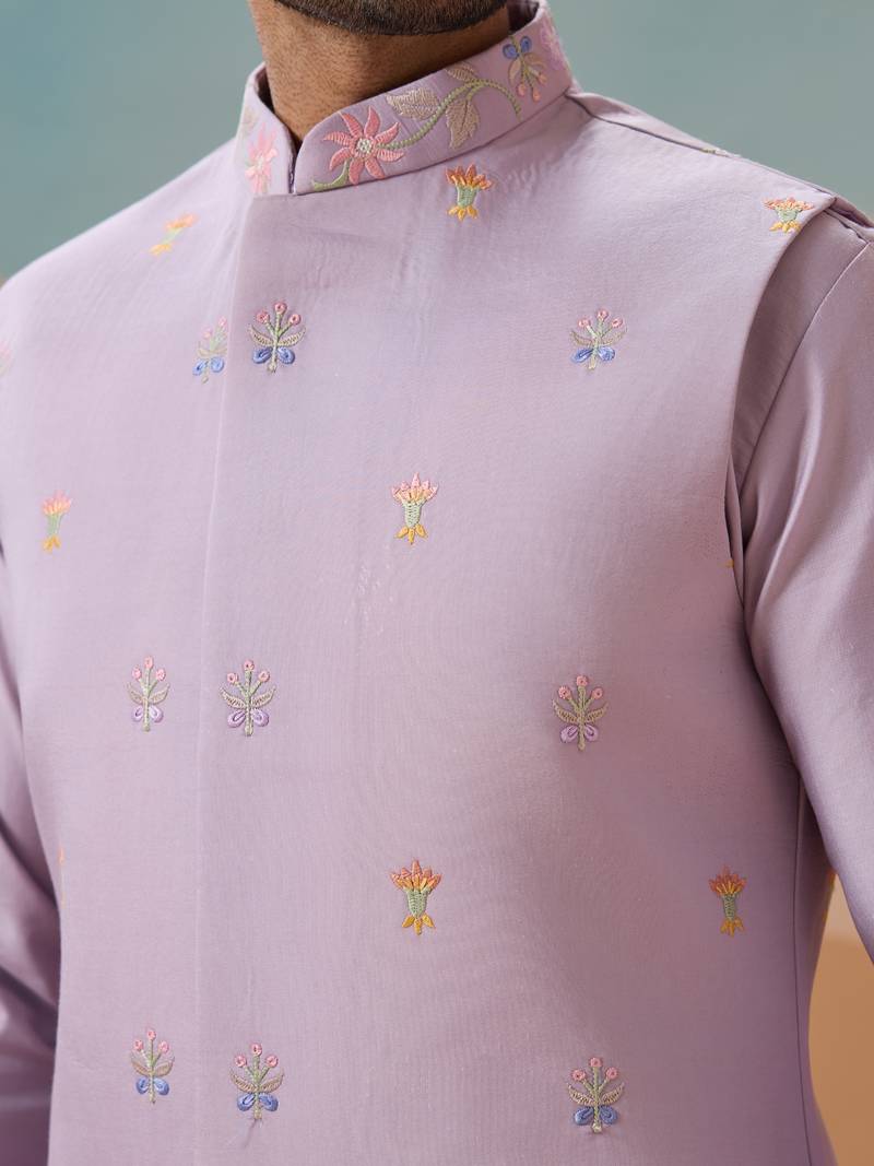 Lavender viscose silk thread with sequins embroidered work wedding festival party wear straight kurta with jacket