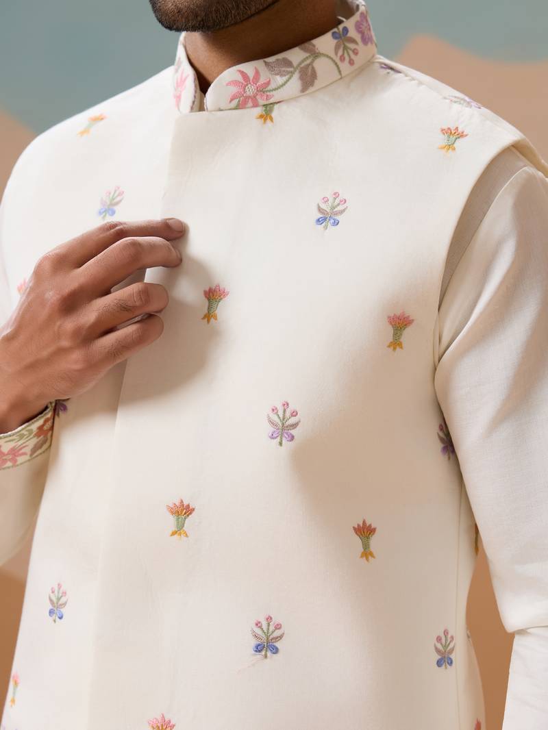 White viscose silk thread with sequins embroidered work wedding festival party wear straight kurta with jacket