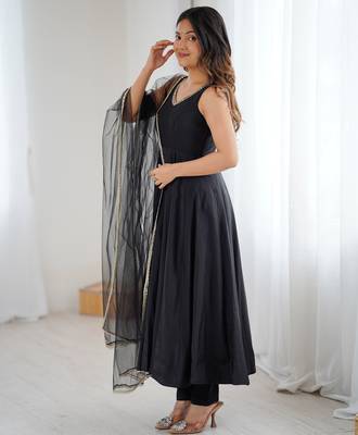 Pure roman silk chanderi fabric fully flair anarkali gown with duppta and pent set ready to wear 3
