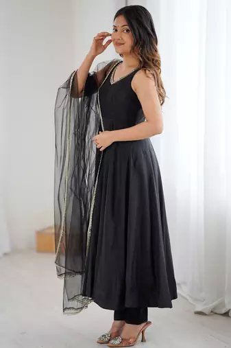 Pure roman silk chanderi fabric fully flair anarkali gown with duppta and pent set ready to wear