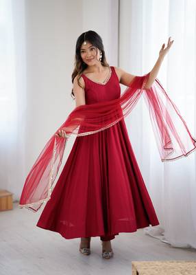 Pure roman silk chanderi fabric fully flair anarkali gown with duppta and pent set ready to wear 1