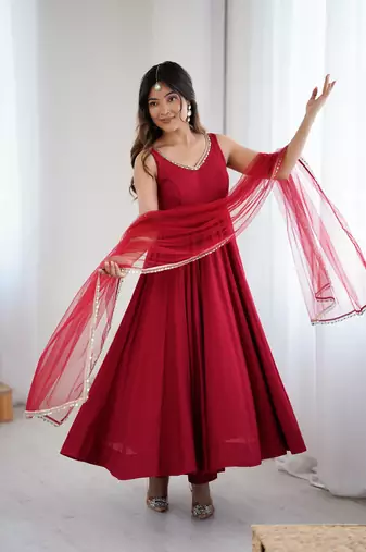 Pure roman silk chanderi fabric fully flair anarkali gown with duppta and pent set ready to wear