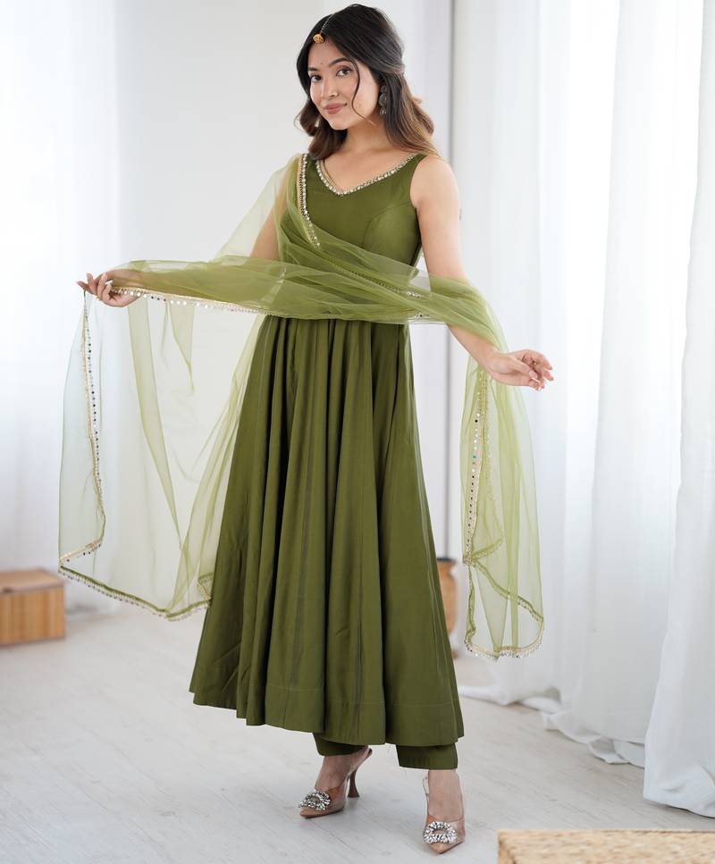 Pure roman silk chanderi fabric fully flair anarkali gown with duppta and pent set ready to wear