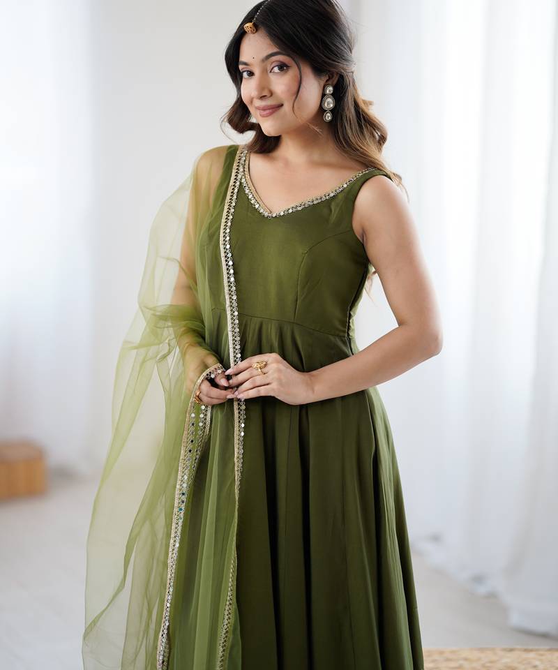 Pure roman silk chanderi fabric fully flair anarkali gown with duppta and pent set ready to wear