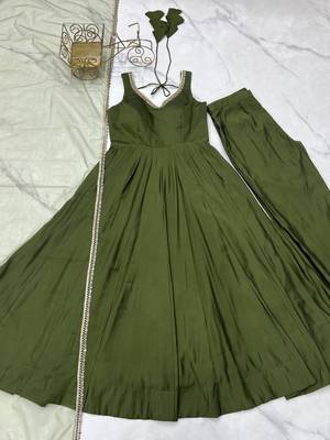 Pure roman silk chanderi fabric fully flair anarkali gown with duppta and pent set ready to wear 5