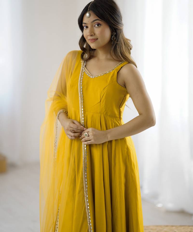 Pure roman silk chanderi fabric fully flair anarkali gown with duppta and pent set ready to wear