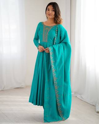 Pure roman silk chanderi fabric fully flair anarkali gown with duppta and pent set ready to wear 1