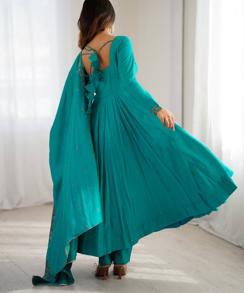 Pure roman silk chanderi fabric fully flair anarkali gown with duppta and pent set ready to wear