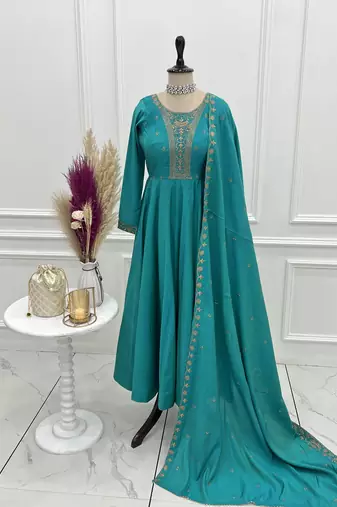 Pure roman silk chanderi fabric fully flair anarkali gown with duppta and pent set ready to wear