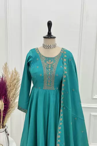 Pure roman silk chanderi fabric fully flair anarkali gown with duppta and pent set ready to wear