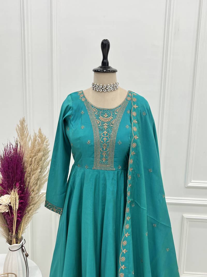 Pure roman silk chanderi fabric fully flair anarkali gown with duppta and pent set ready to wear