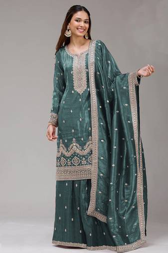 teal-blue embroidered silk salwar-kameez