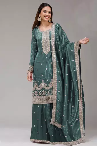 teal-blue embroidered silk salwar-kameez