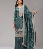 teal-blue embroidered silk salwar-kameez