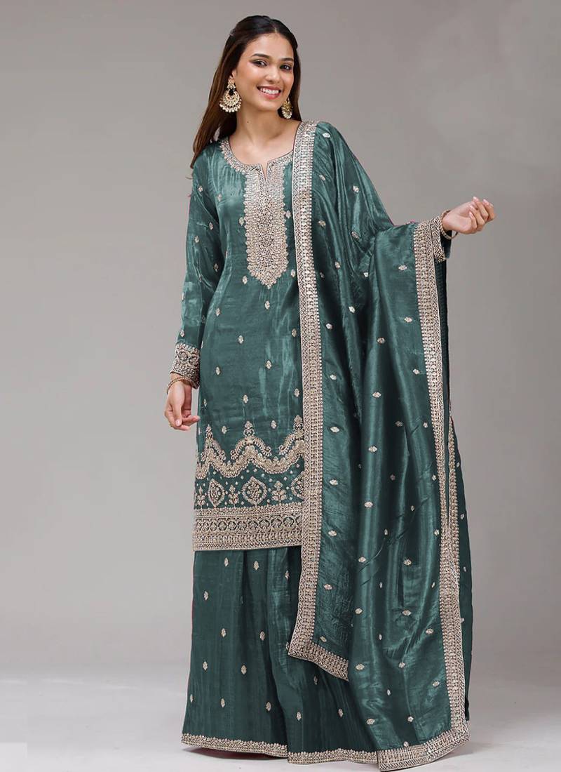 teal-blue embroidered silk salwar-kameez