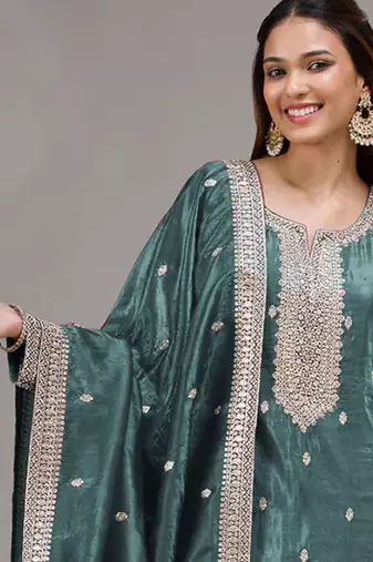 teal-blue embroidered silk salwar-kameez