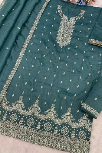 teal-blue embroidered silk salwar-kameez