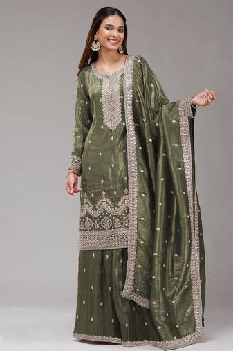 green embroidered silk salwar-kameez