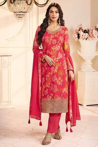 red printed chiffon straight-suits