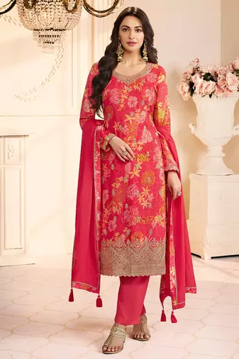 red printed chiffon straight-suits