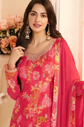 red printed chiffon straight-suits