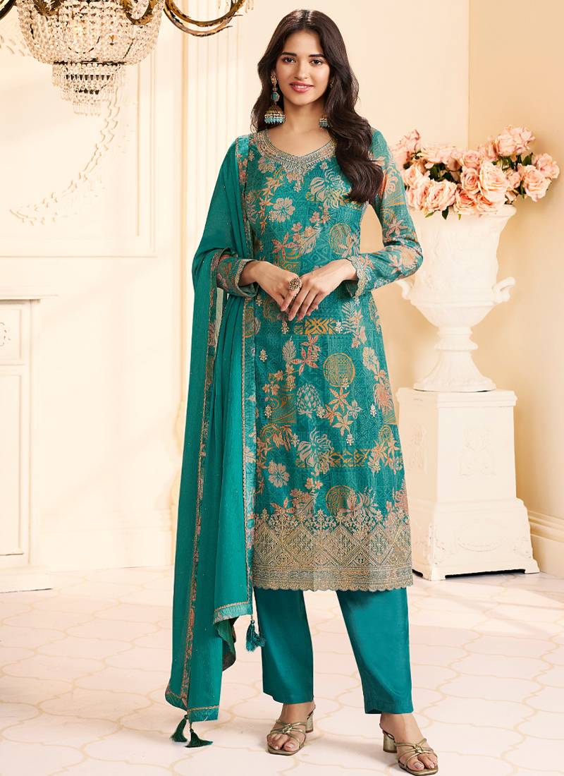 green printed chiffon straight-suits