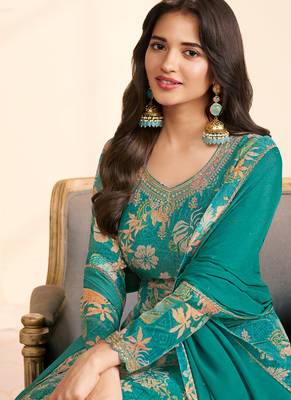 green printed chiffon straight-suits 2