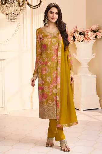 yellow printed chiffon straight-suits