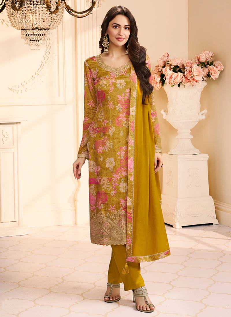 yellow printed chiffon straight-suits