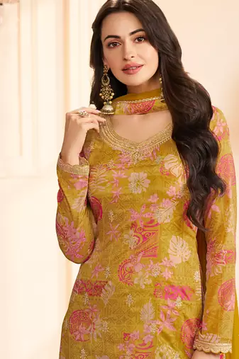 yellow printed chiffon straight-suits