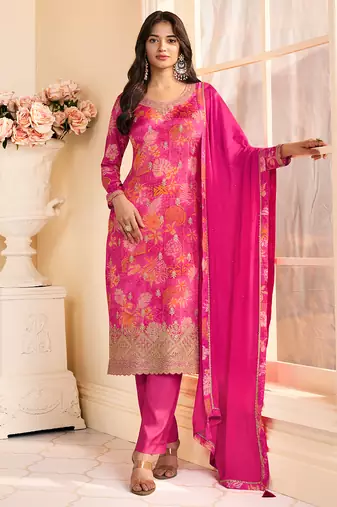 pink printed chiffon straight-suits