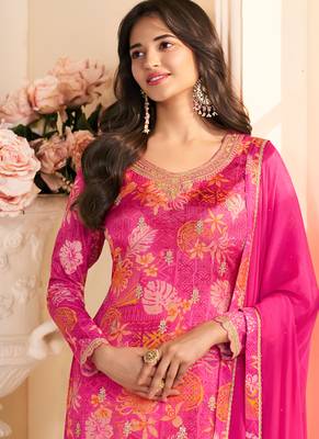 pink printed chiffon straight-suits 2