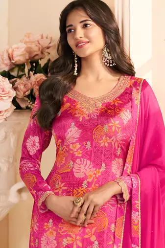pink printed chiffon straight-suits