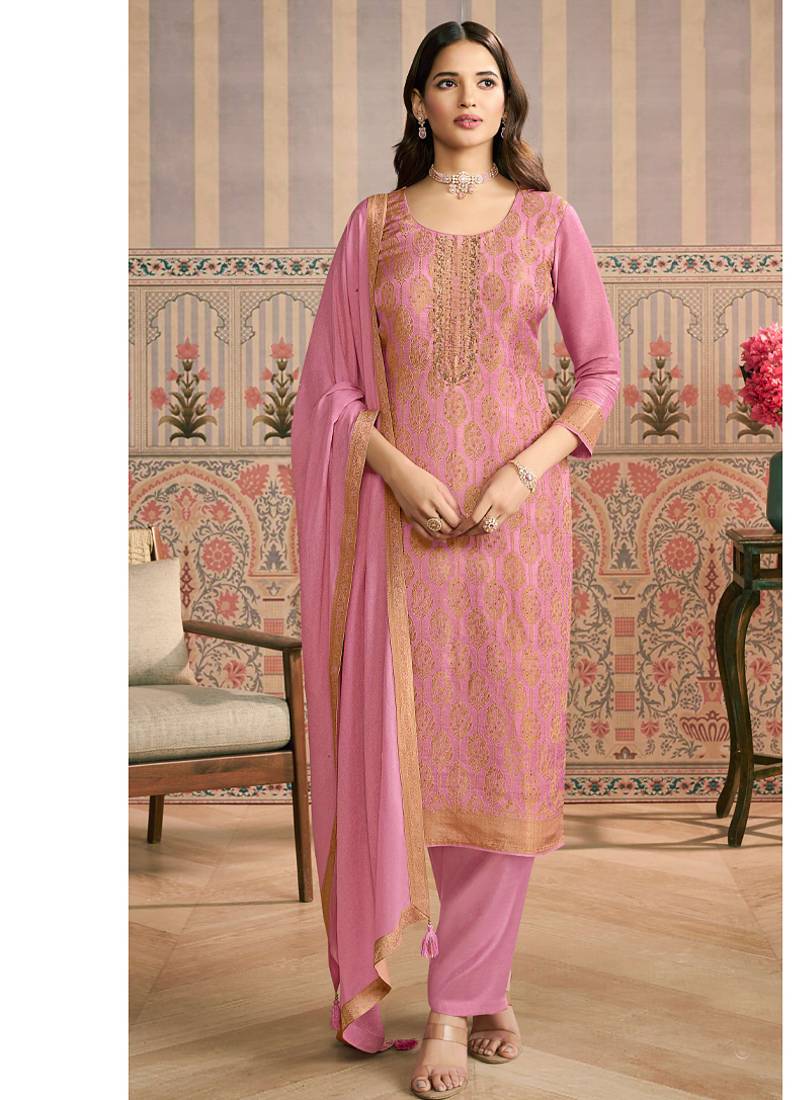 pink banarasi banarasi straight-suits
