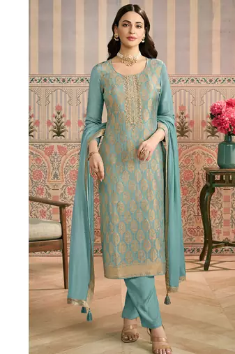 sky-blue banarasi banarasi straight-suits