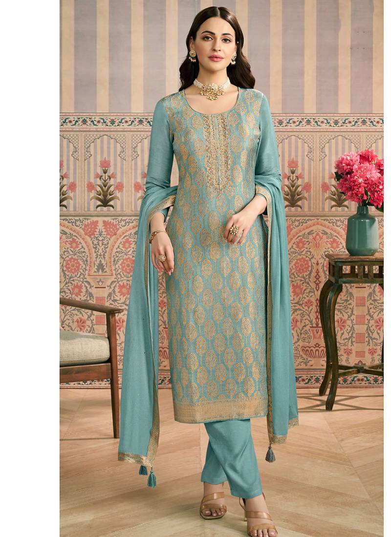 sky-blue banarasi banarasi straight-suits