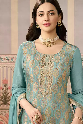 sky-blue banarasi banarasi straight-suits