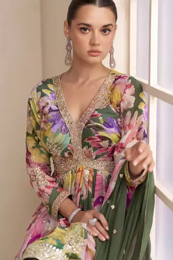 green floral_print chiffon salwar-kameez