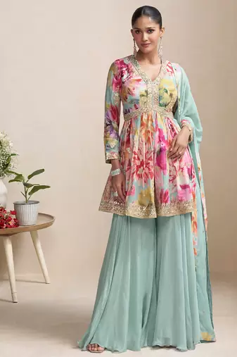 sky-blue floral_print chiffon salwar-kameez