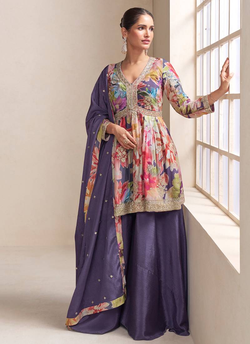 purple floral_print chiffon salwar-kameez