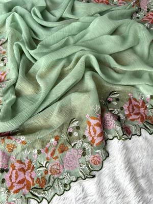 Light Green Color Cross Stich Floral Design Embroidery Work Cut Work Glossy Silk Saree 5