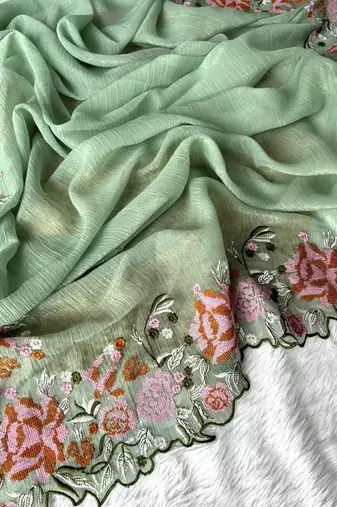 Light Green Color Cross Stich Floral Design Embroidery Work Cut Work Glossy Silk Saree