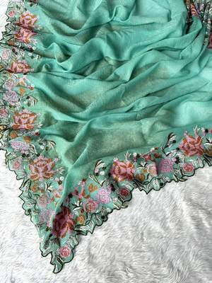 Aqua Color Cross Stich Floral Design Embroidery Work Cut Work Glossy Silk Saree 5